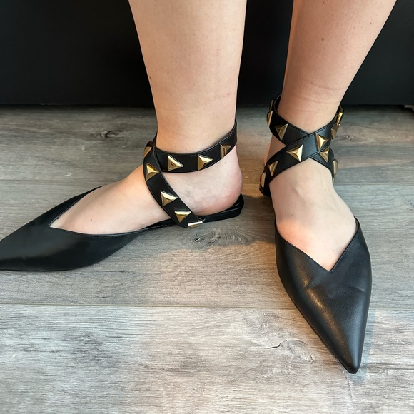 Zara pointed toe black flats with ankle wrap with gold studs. Size 38. - Picture 2 of 4